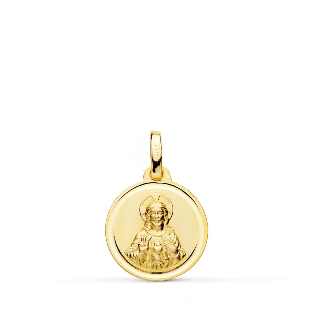 18K MEDALLA ORO AMARILLO CRISTO SAGRADO CORAZON DE JESUS BISEL 14 MM 1