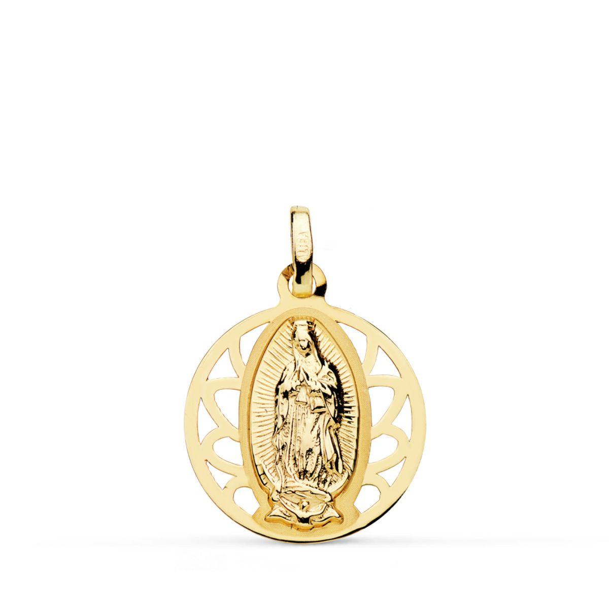 18K MEDALLA ORO AMARILLO VIRGEN DE GUADALUPE CERCO CALADO 18 MM 1