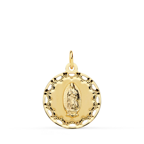 18K MEDALLA ORO AMARILLO VIRGEN DE GUADALUPE CERCO CALADO Y TALLADO 18 MM 1