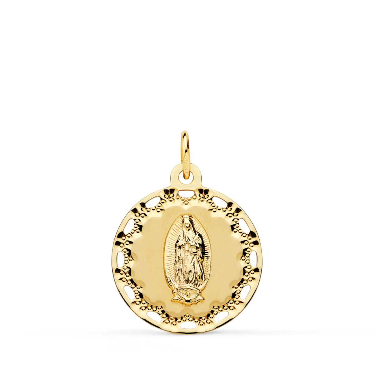 18K MEDALLA ORO AMARILLO VIRGEN DE GUADALUPE CERCO CALADO Y TALLADO 18 MM 1