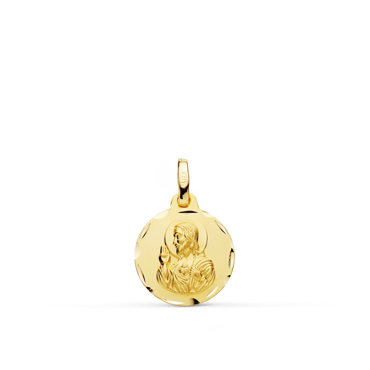 18K MEDALLA ORO AMARILLO CRISTO SAGRADO CORAZON DE JESUS TALLADA 14 MM 1