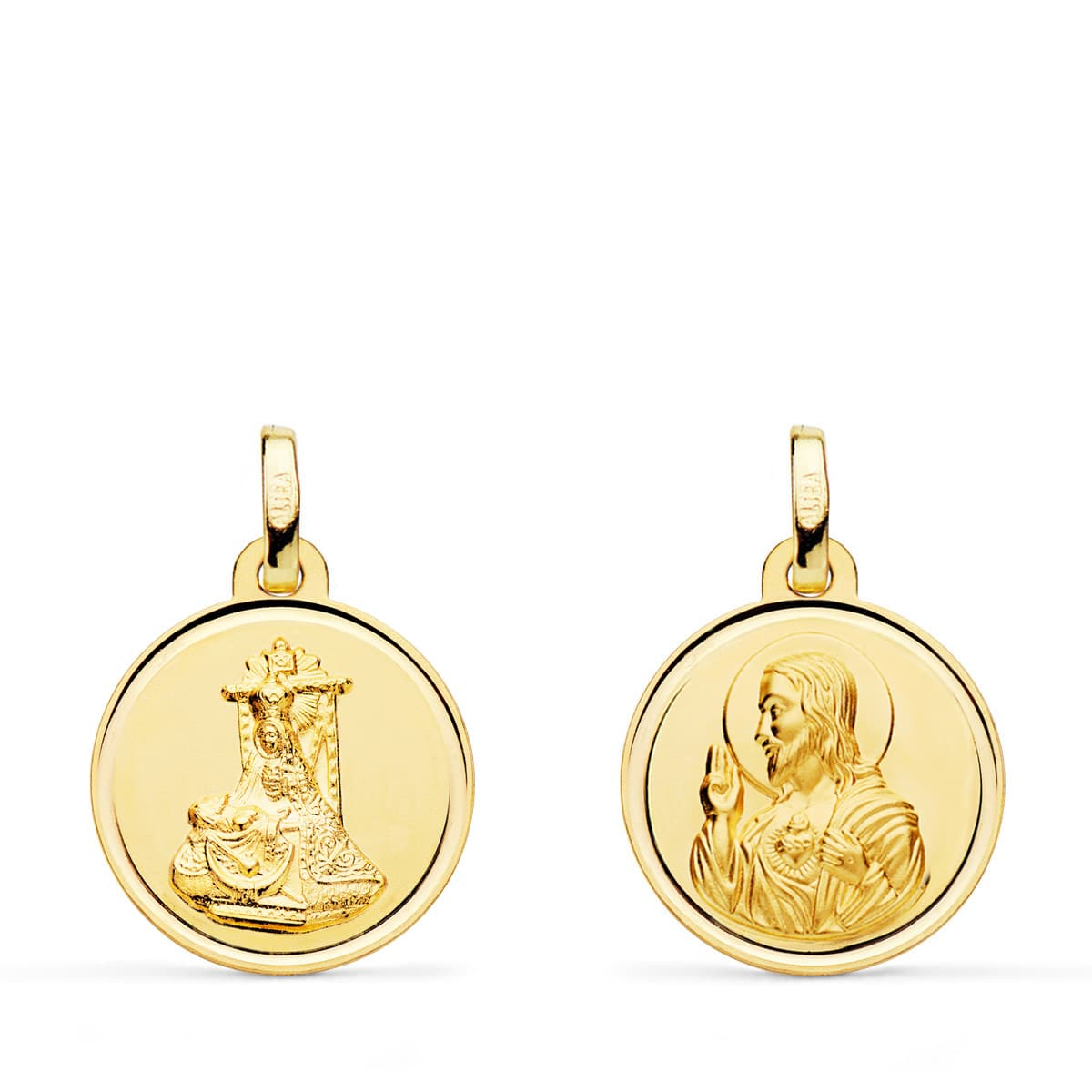 18K MEDALLA ORO AMARILLO ESCAPULARIO ORO AMARILLO VIRGEN DE LAS ANGUSTIAS Y CORAZON DE JESUS BISEL 16 MM 1