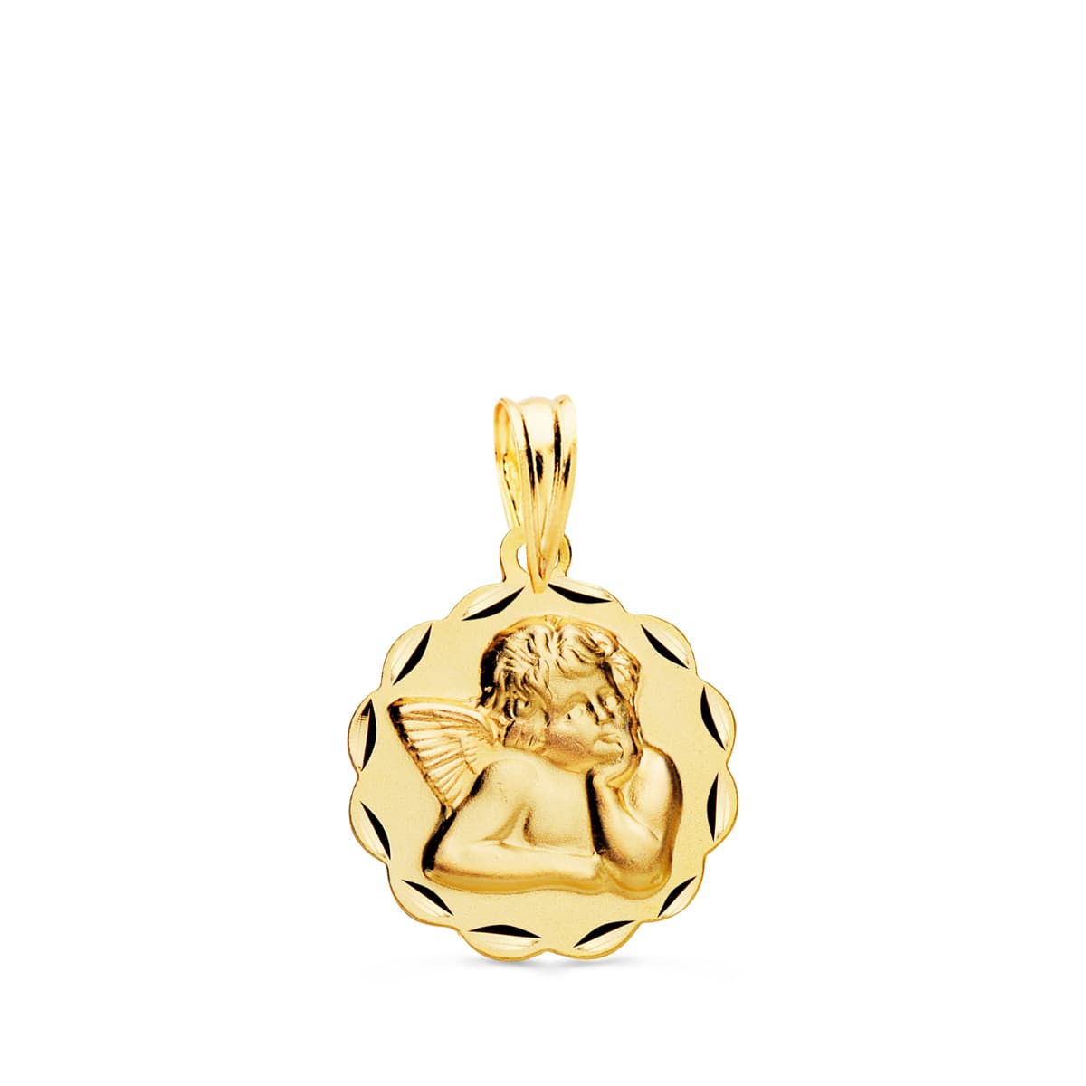 18K MEDALLA ORO AMARILLO ANGELITO BURLON ARCOS TALLADA 14 MM 1