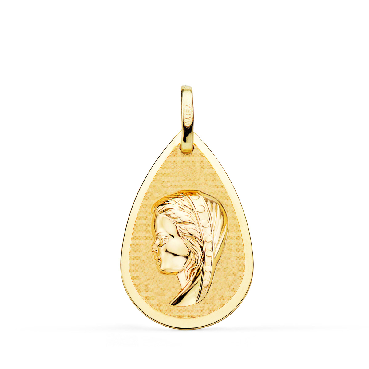 18K MEDALLA ORO AMARILLO VIRGEN NIÑA GOTA EN BRILLO Y MATE 23X15 MM 1