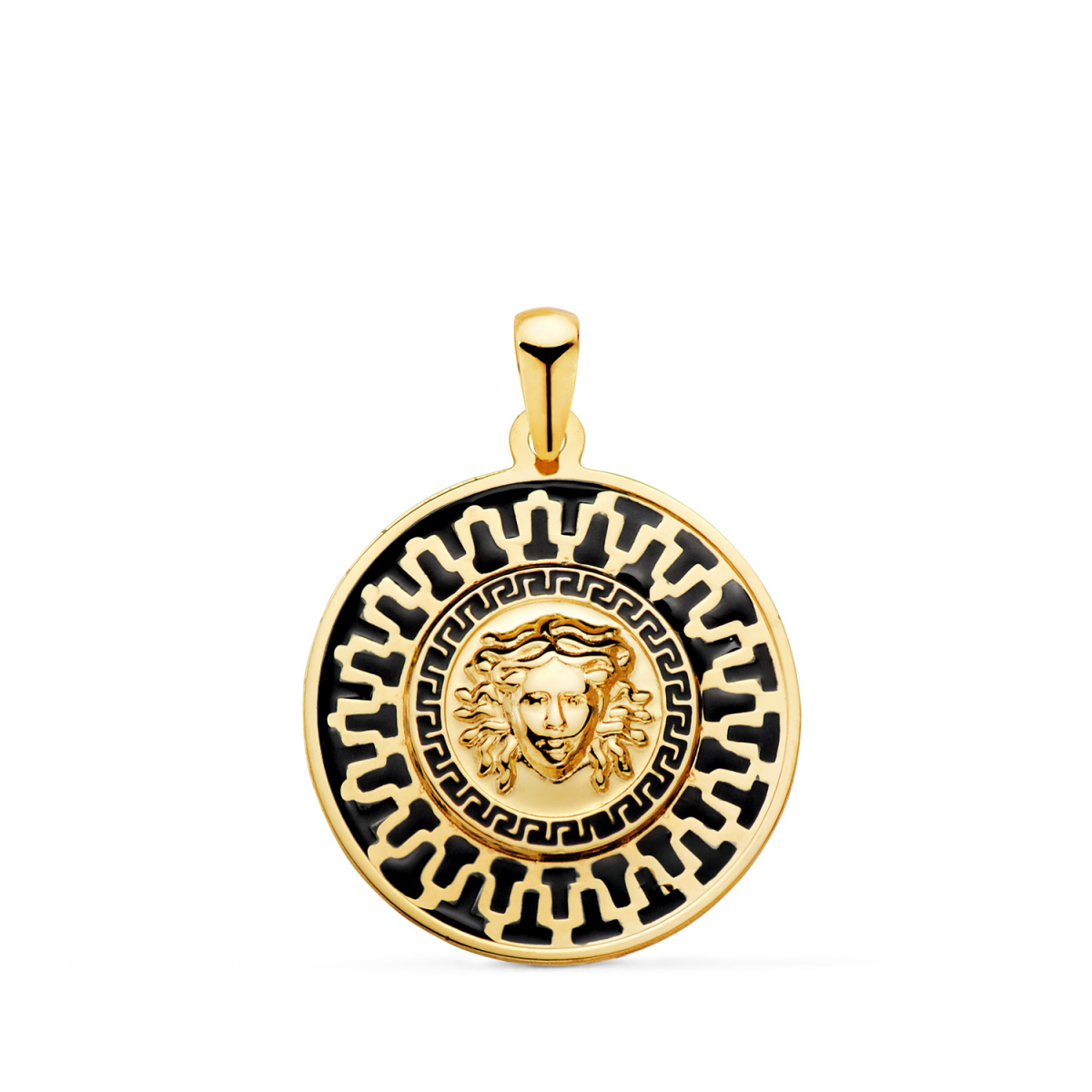 18K MEDALLA ORO AMARILLO MEDUSA GRECA Y MOTIVO CON ESMALTE NEGRO. 20 MM 1
