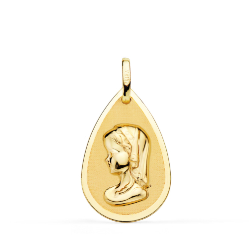 18K MEDALLA ORO AMARILLO VIRGEN NIÑA GOTA EN BRILLO Y MATE 23X15 MM 1