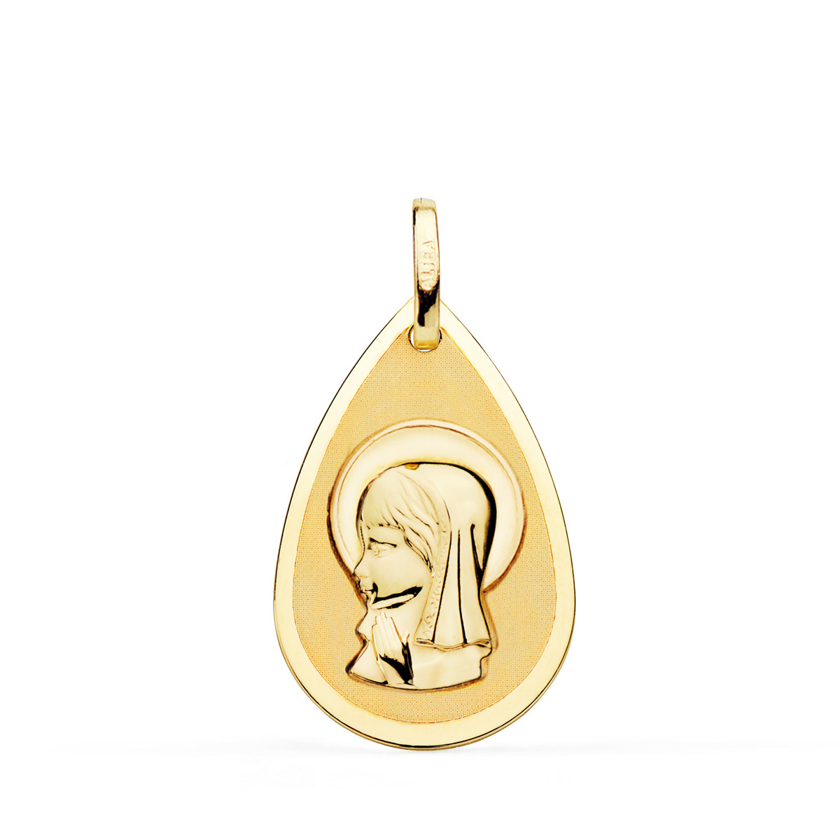 18K MEDALLA ORO AMARILLO VIRGEN NIÑA GOTA EN BRILLO Y MATE 23X15 MM 1