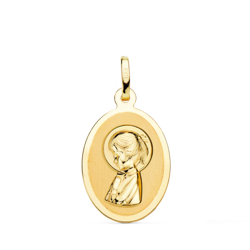 18K MEDALLA ORO AMARILLO VIRGEN NIÑA OVAL EN BRILLO 21X15 MM 1
