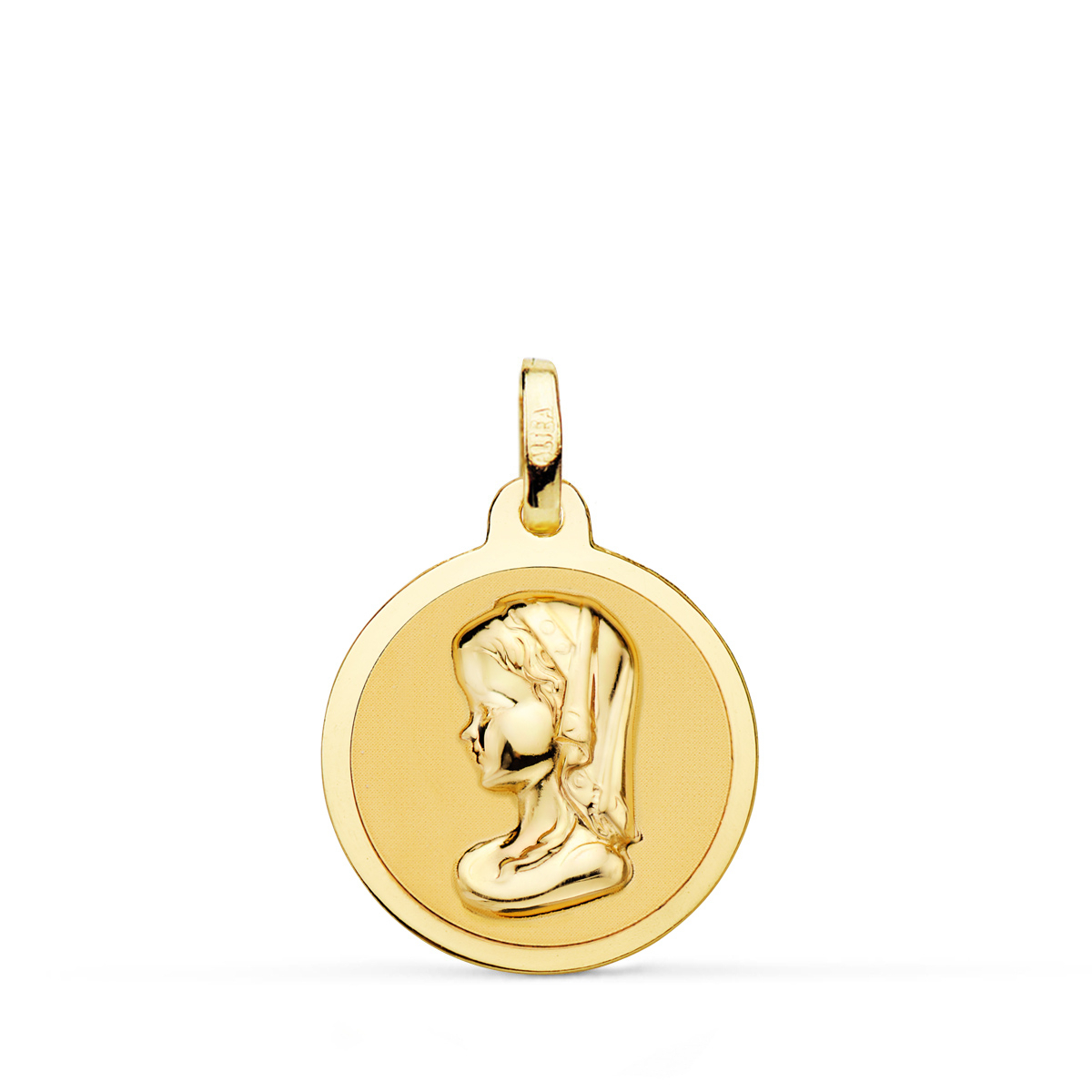 18K MEDALLA ORO AMARILLO VIRGEN REZANDO EN BRILLO 18 MM 1