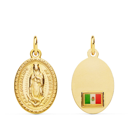 18K MEDALLA ORO AMARILLO VIRGEN GUADALUPE OVAL CON BANDERA 18X14 MM 1