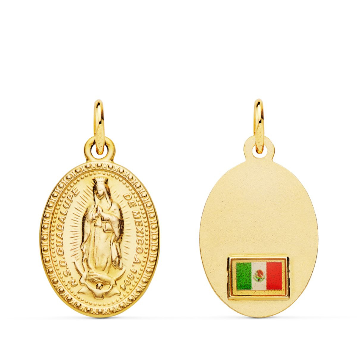 18K MEDALLA ORO AMARILLO VIRGEN GUADALUPE OVAL CON BANDERA 18X14 MM 1