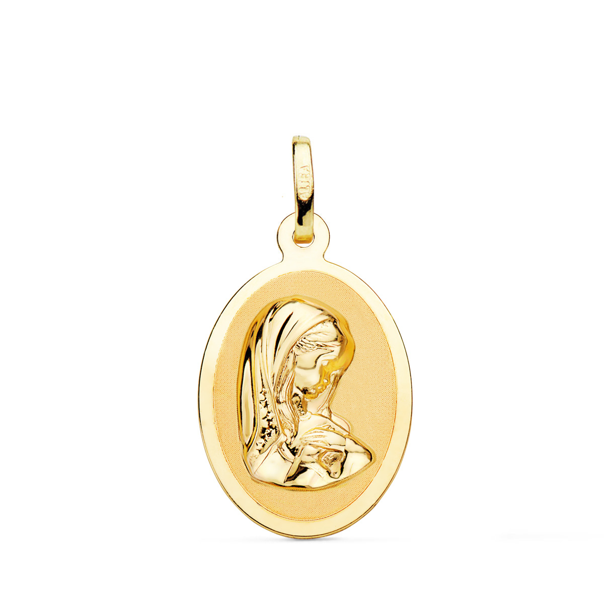 18K MEDALLA ORO AMARILLO VIRGEN NIÑA OVAL EN BRILLO 21X15 MM 1