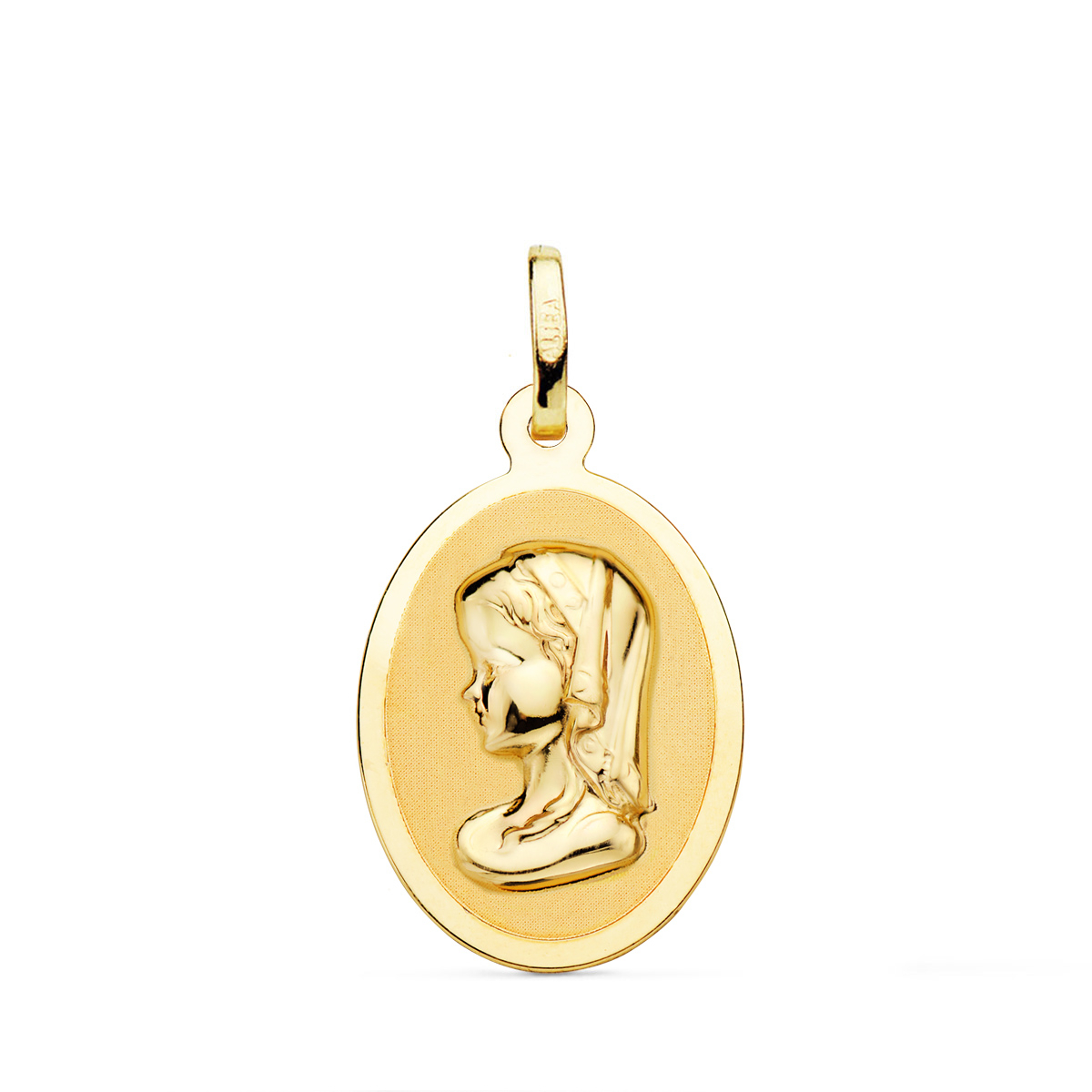 18K MEDALLA ORO AMARILLO VIRGEN NIÑA OVAL EN BRILLO 21X15 MM 1