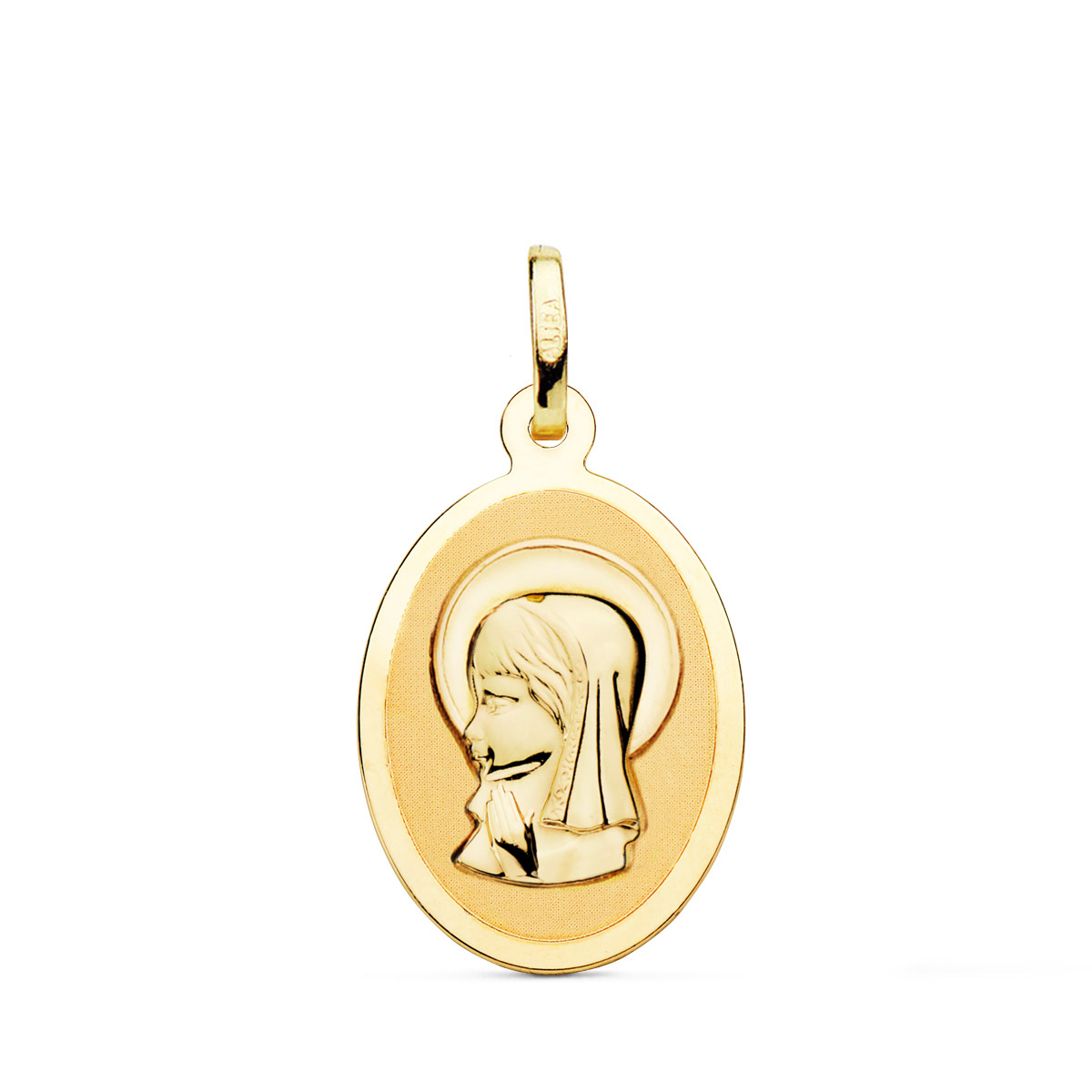 18K MEDALLA ORO AMARILLO VIRGEN NIÑA OVAL EN BRILLO 21X15 MM 1
