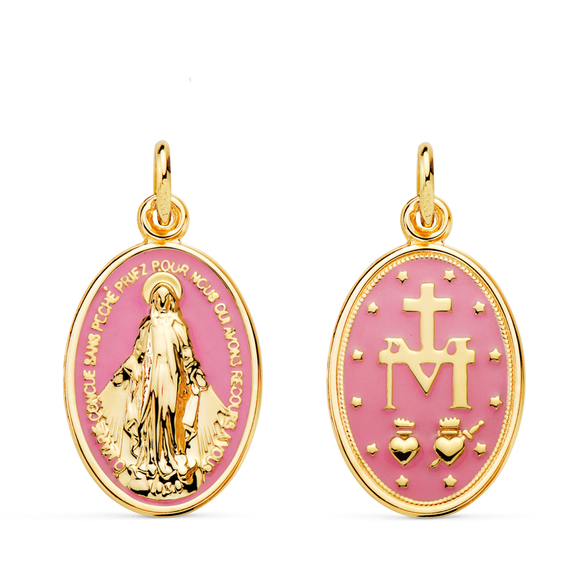 18K MEDALLA ORO AMARILLO VIRGEN MILAGROSA OVAL ESMALTE ROSA. MEDIDA: 20 X 14 MM 1