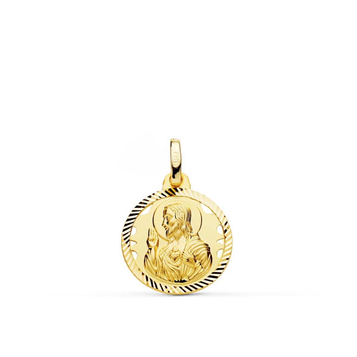 18K MEDALLA ORO AMARILLO CRISTO SAGRADO CORAZON DE JESUS HELICE CALADA 16 MM 1