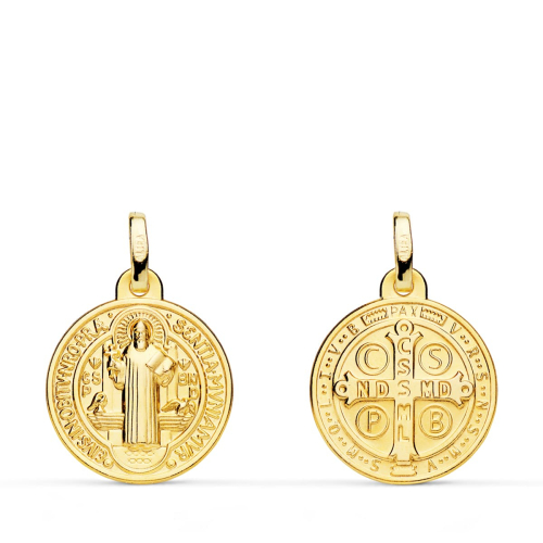18K MEDALLA ESCAPULARIO ORO AMARILLO SAN BENITO MONJE 16 MM MATIZADA 1