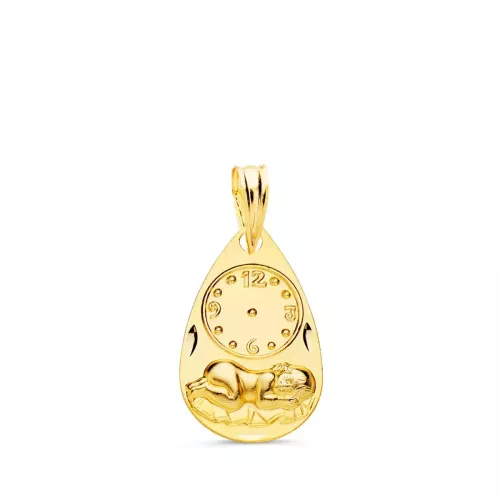 9K MEDALLA ORO AMARILLO GOTA NIÑO DE LA HORA CON RELOJ TALLADA 19X11 MM 1