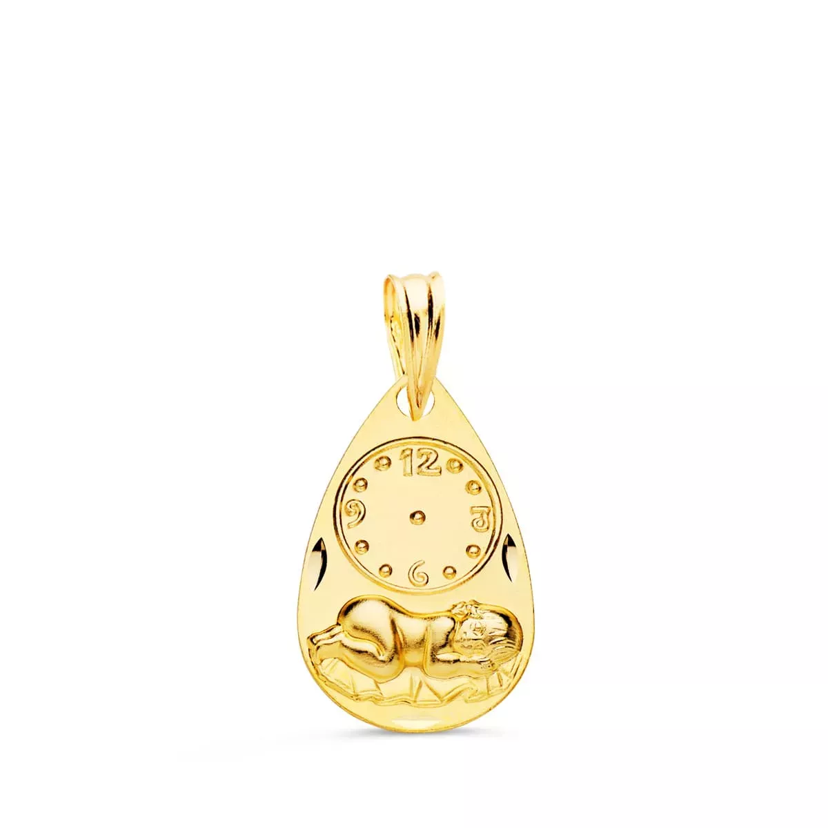9K MEDALLA ORO AMARILLO GOTA NIÑO DE LA HORA CON RELOJ TALLADA 19X11 MM 1