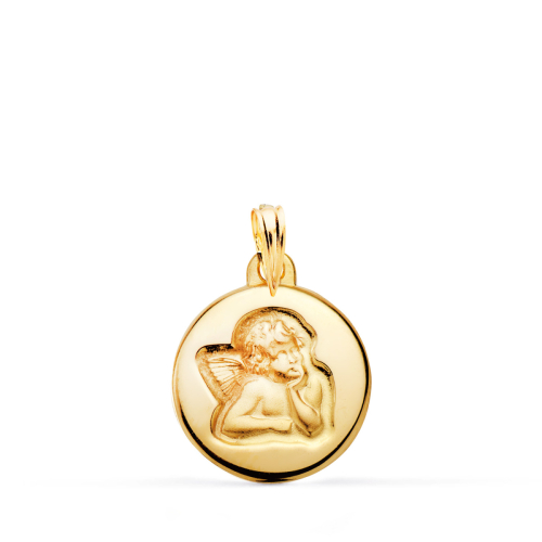 18K MEDALLA ORO AMARILLO REDONDA ANGELITO BURLON BRILLO Y MATE 16 MM 1