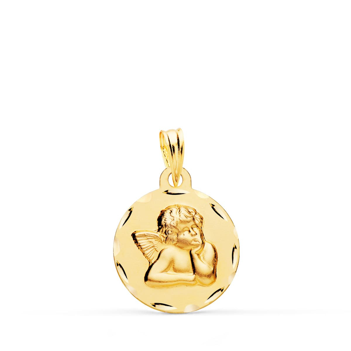 18K MEDALLA ORO AMARILLO REDONDA ANGELITO BURLON TALLADA 16 MM 1