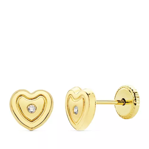 18K PENDIENTES ORO AMARILLO CORAZON CIRCONITA 6.5X6 M CIERRE TUERCA 0
