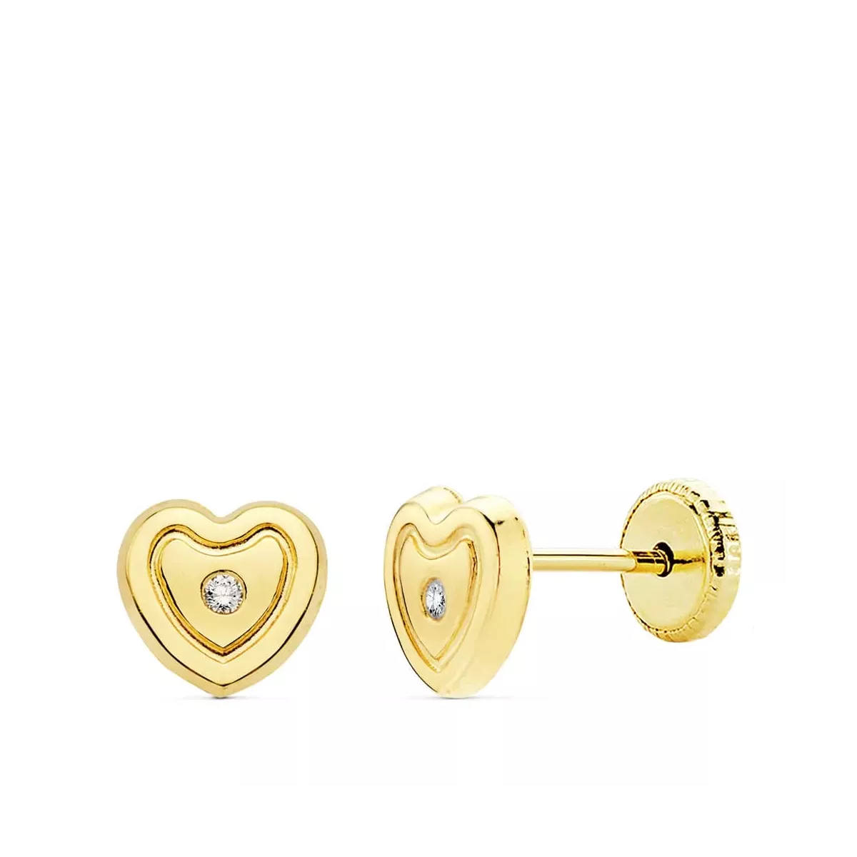 18K PENDIENTES ORO AMARILLO CORAZON CIRCONITA 6.5X6 M CIERRE TUERCA 0