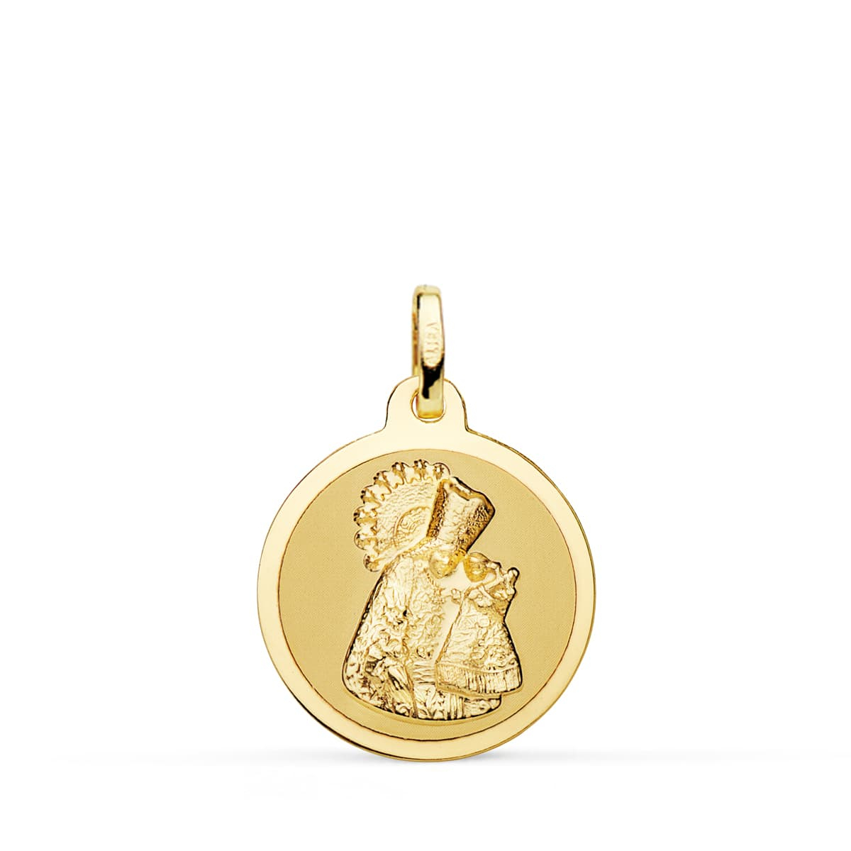 18K MEDALLA ORO AMARILLO VIRGEN DE LOS DESAMPARADOS BRILLO 16 MM 1