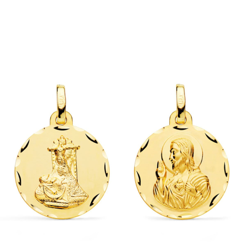 18K MEDALLA ORO AMARILLO ESCAPULARIO ORO AMARILLO VIRGEN DE LAS ANGUSTIAS Y CORAZON DE JESUS TALLADA 18 MM 1