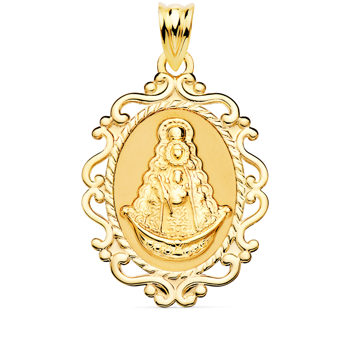 18K MEDALLA ORO AMARILLO VIRGEN DEL ROCIO CERCO CALADO EN BRILLO 31X21 MM 2