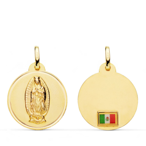 18K MEDALLA ORO AMARILLO VIRGEN DE GUADALUPE CON BANDERA EN BISEL 20 MM 2