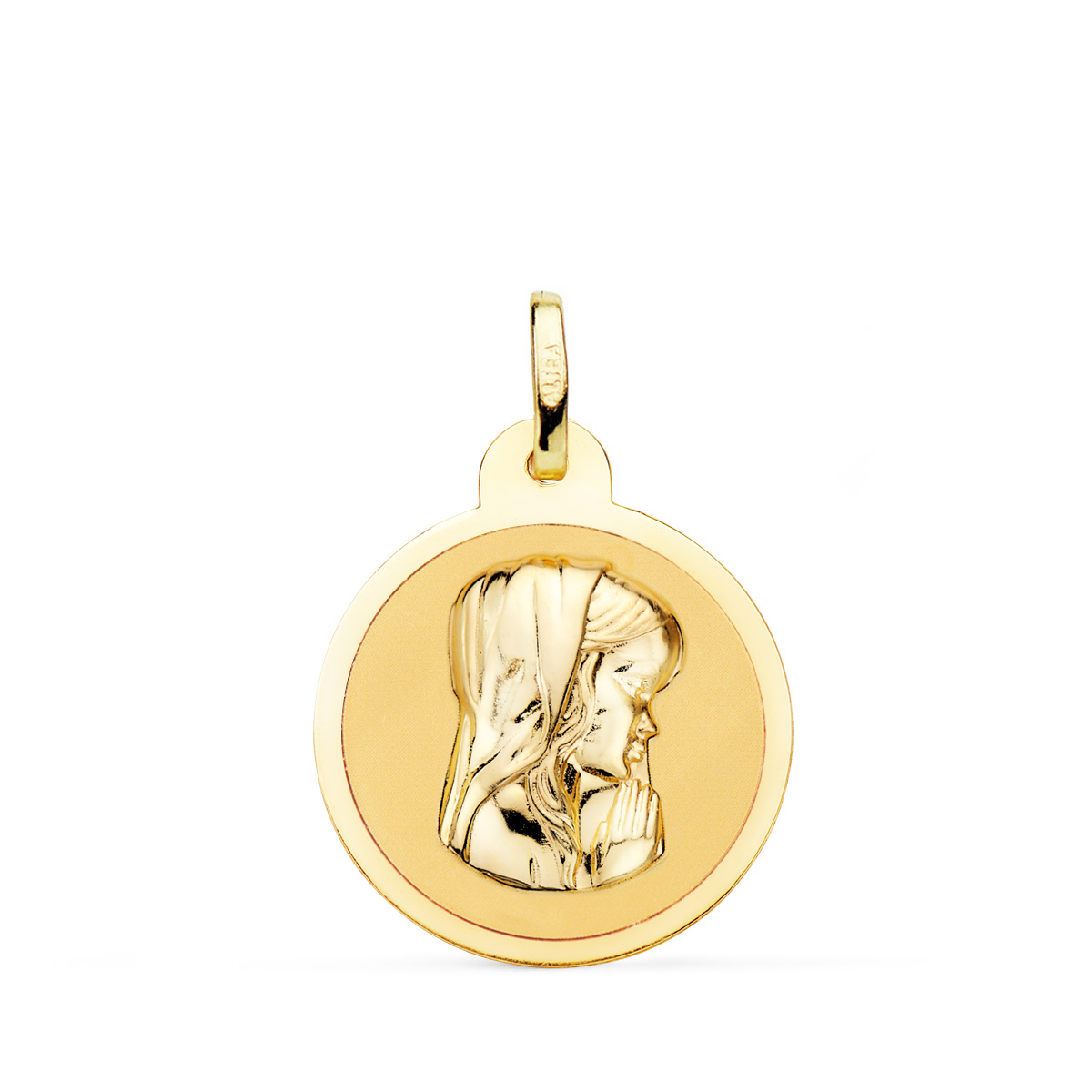 18K MEDALLA ORO AMARILLO VIRGEN NIÑA EN BRILLO 20 MM 2