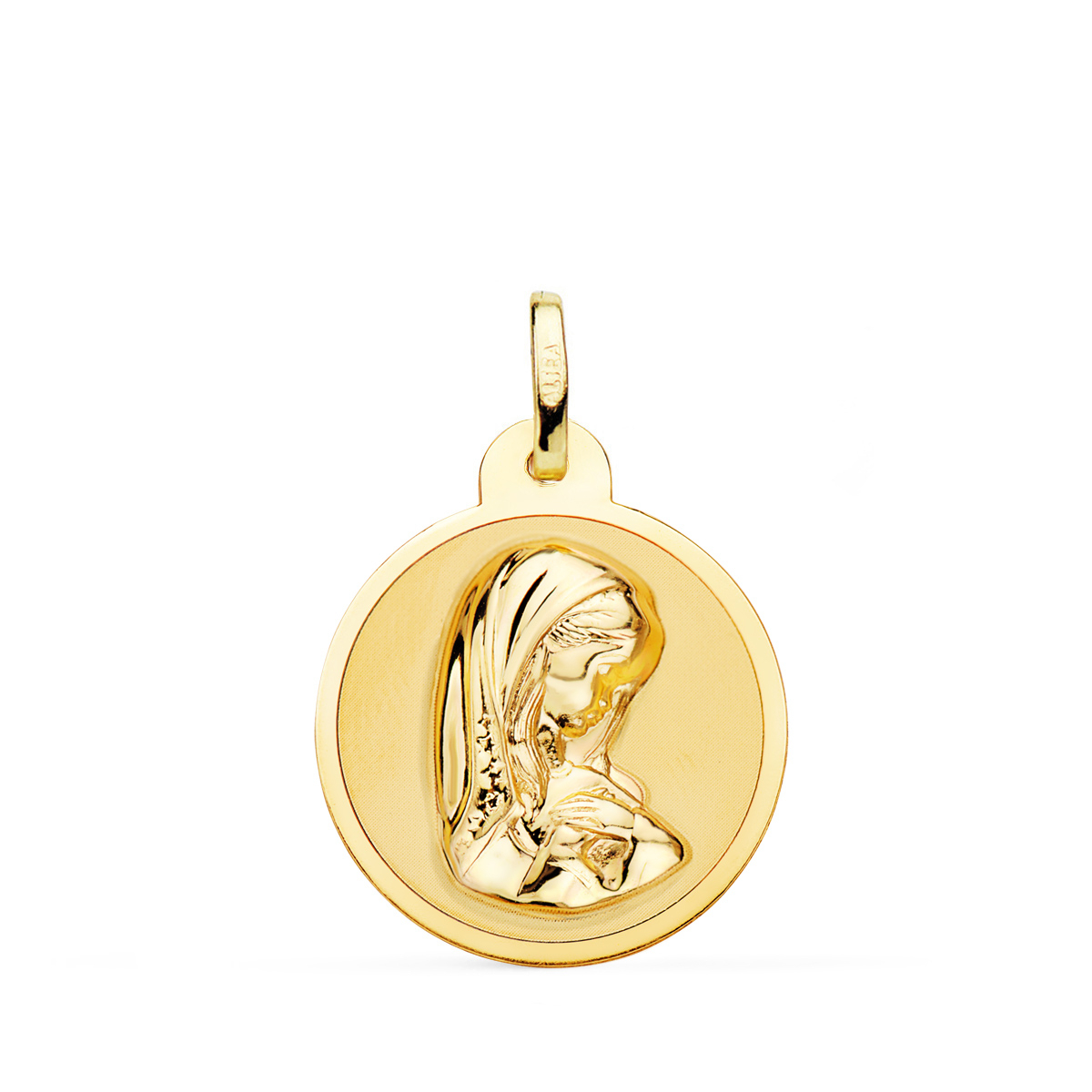 18K MEDALLA ORO AMARILLO VIRGEN NIÑA EN BRILLO 20 MM 2