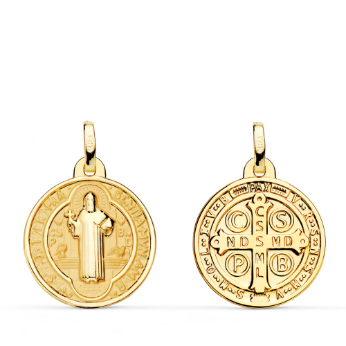 18K MEDALLA ESCAPULARIO SAN BENITO MONJE BRILLO Y FONDO MATIZADO 18 MM ESPALDA EN BRILLO 2