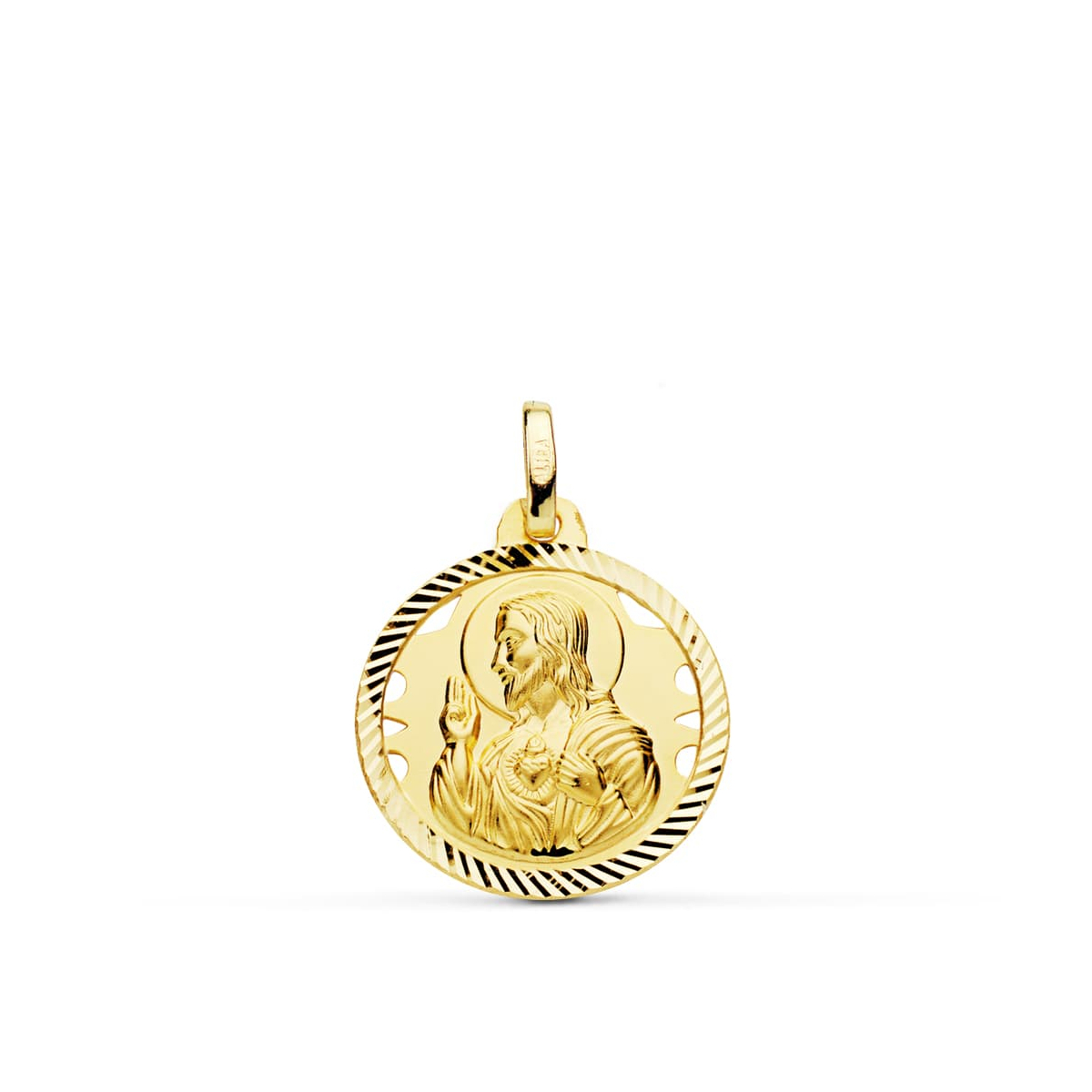 18K MEDALLA ORO AMARILLO CRISTO SAGRADO CORAZON DE JESUS HELICE CALADO 18 MM 2