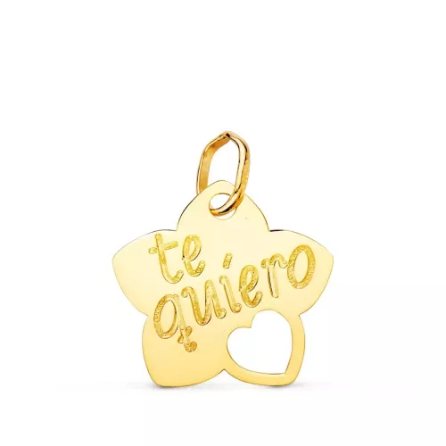 18K COLGANTE ORO AMARILLO TE QUIERO FLOR CON CORAZON CALADO 15X14 MM 0