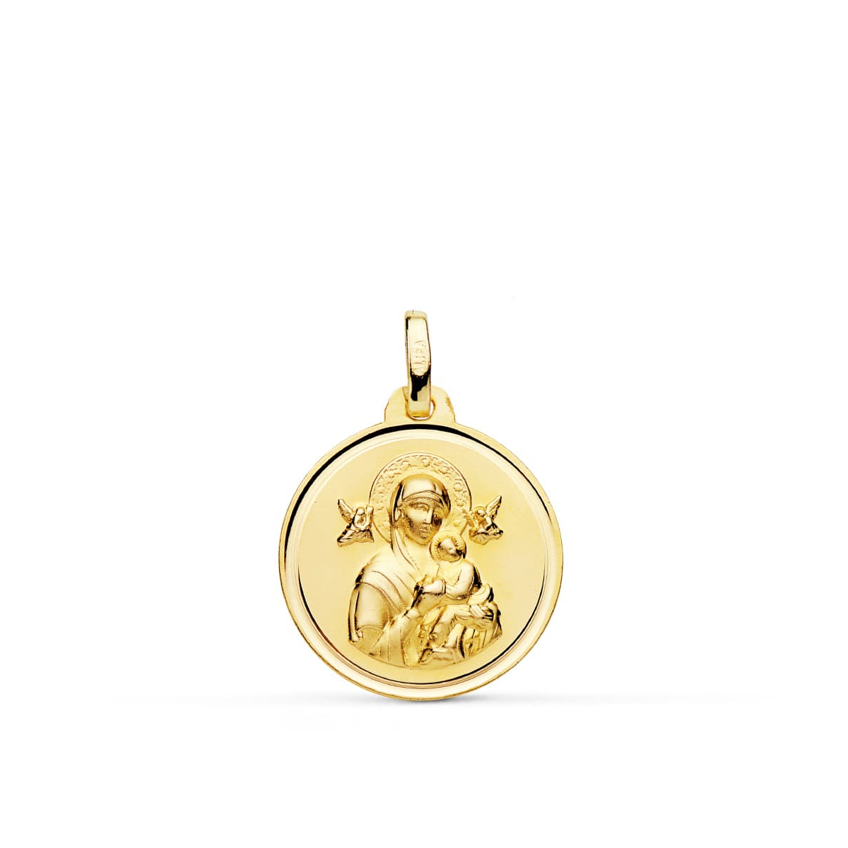 18K MEDALLA ORO AMARILLO VIRGEN DEL PERPETUO SOCORRO EN BRILLO 18 MM 2