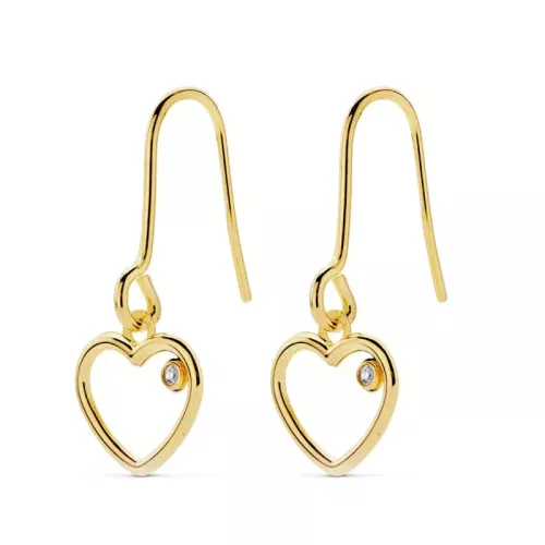 18K PENDIENTES ORO AMARILLO CORAZON CIRCONITA 20X9 MM CIERRE GANCHO 0