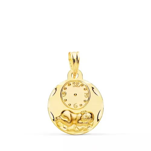 9k MEDALLA ORO AMARILLO REDONDA NIÑO DE LA HORA CON RELOJ TALLADA 15 MM 1,45gr