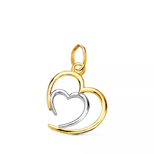 18K COLGANTE ORO BICOLOR DOBLE CORAZON EN BRILLO 14X13 MM 0