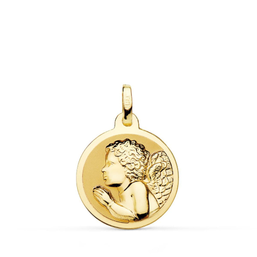 18K MEDALLA ORO AMARILLO ANGEL NIÑO PIADOSO REZANDO BRILLO 18 MM 2