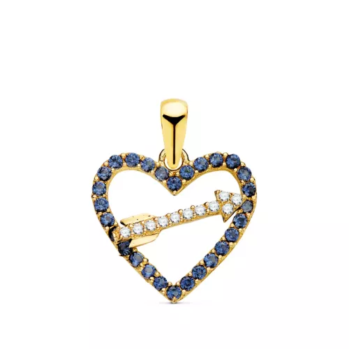 18K COLGANTE ORO AMARILLO CORAZON CON CIRCONITA AZULES Y FLECHA 15 X 14MM 0