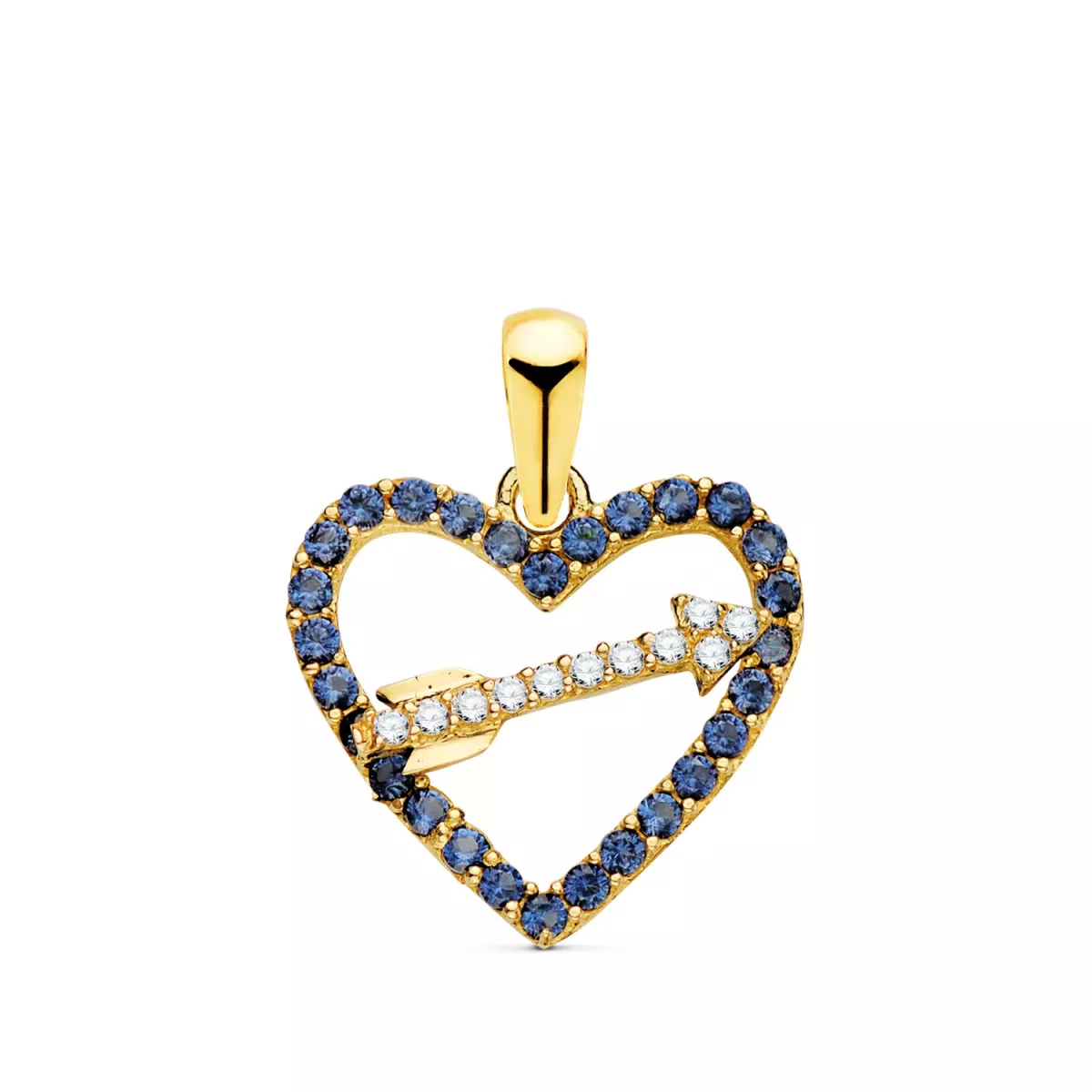 18K COLGANTE ORO AMARILLO CORAZON CON CIRCONITA AZULES Y FLECHA 15 X 14MM 0