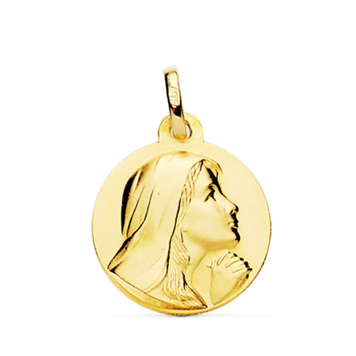 18K MEDALLA ORO AMARILLO VIRGEN MARIA REZANDO MATIZADA 18 MM 2