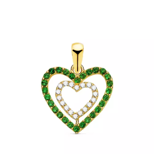 18K COLGANTE ORO AMARILLO CORAZONES CON CIRCONITA VERDES Y BLANCAS 15 X 14MM 0