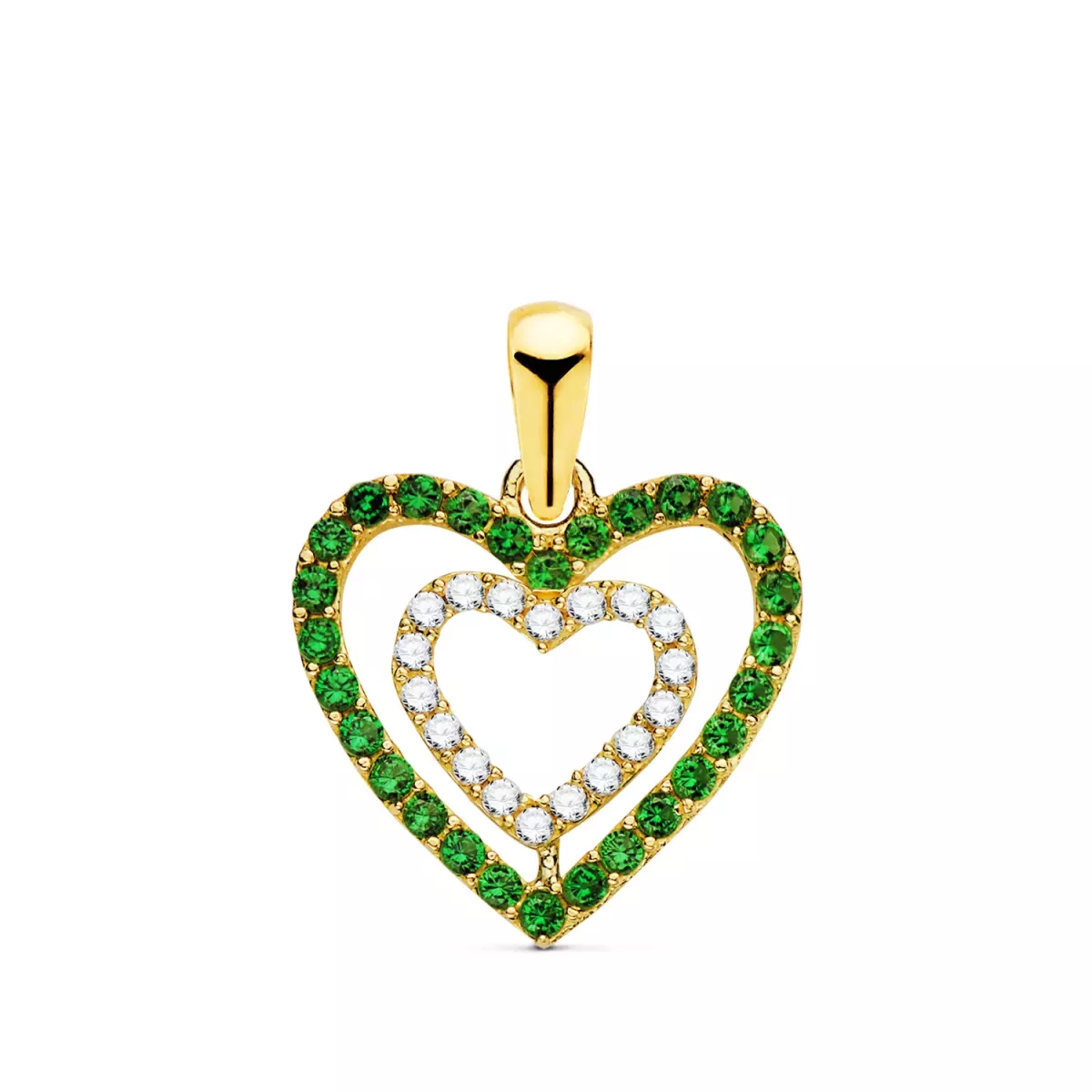18K COLGANTE ORO AMARILLO CORAZONES CON CIRCONITA VERDES Y BLANCAS 15 X 14MM 0