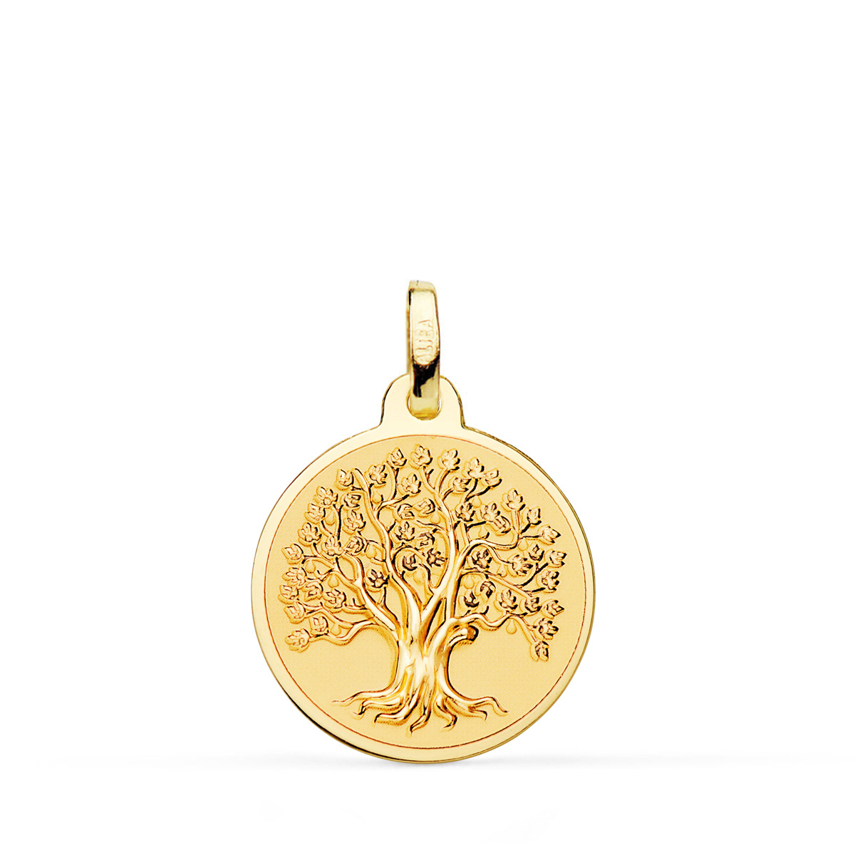 18K MEDALLA ORO AMARILLO ARBOL DE LA VIDA EN BRILLO Y FONDO MATIZADO 18 MM 2