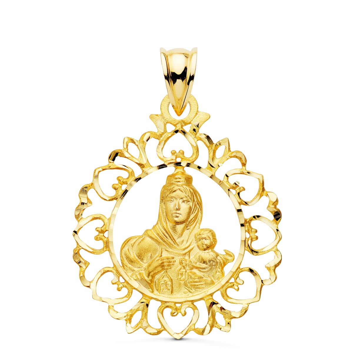 18K MEDALLA ORO AMARILLO VIRGEN DEL CARMEN CERCO ORLA CON CORAZONES 30X25 MM 2