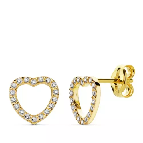 18K PENDIENTES ORO AMARILLO CORAZON CIRCONITA 8X8 CM CIERRE PRESION 0
