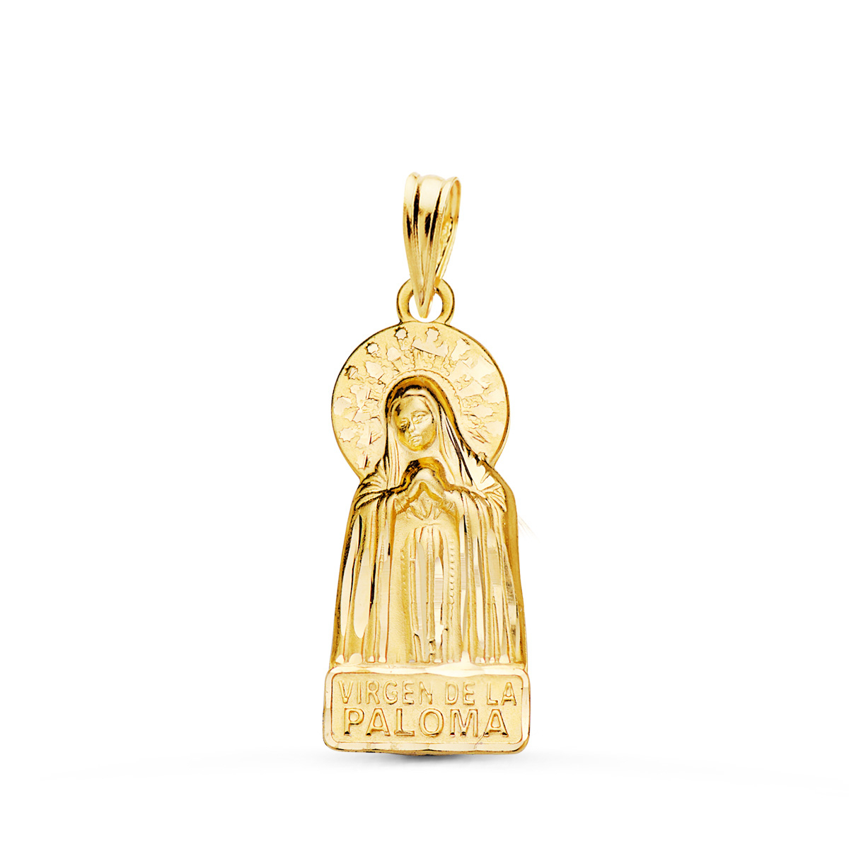 18K MEDALLA ORO AMARILLO VIRGEN DE LA PALOMA SILUETA TALLADA 27X12 MM 2